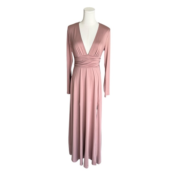 Baltic Born - Blush Pink V-Neck Maxi Dress Long Sleeve Slit Sz L - Picture 3 of 9